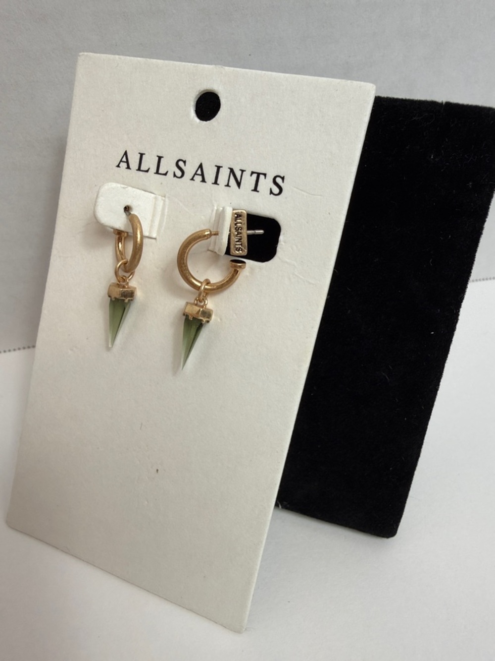 AllSaints Pierced Gold Hoops with Olive Green Spike Hang - Picture 4 of 6